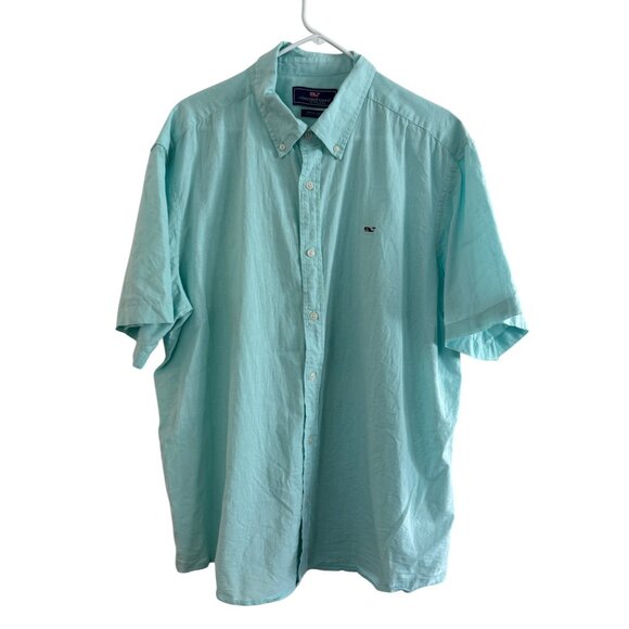 Vineyard Vines Whale Shirt Mens XXL Aqua Button-Up Cotton Linen Blend Short Slee - Picture 1 of 5